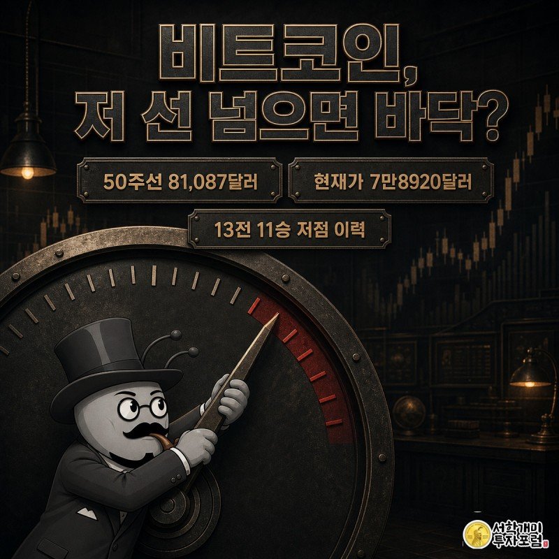 비트코인 가격 게이지 앞에서 개미 캐릭터가 50주 이동평균선을 향해 바늘을 밀어올리려 안간힘을 쓰는 모습
