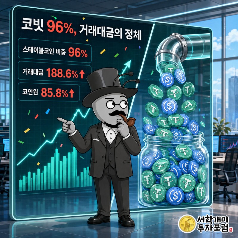 코빗 거래소 화면이 둘로 갈라져 왼쪽은 폭증한 거래대금 그래프를, 오른쪽은 쏟아지는 스테이블코인을 보여주고 서민개미가 의심스러운 표정으로 그 사이에 서 있다