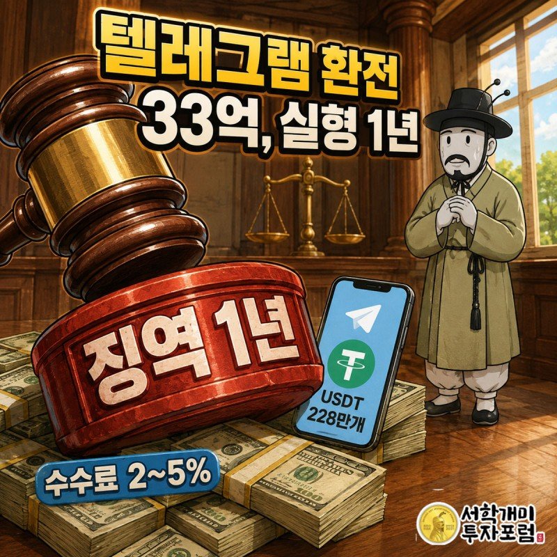 법봉이 텔레그램 코인 환전업자의 현금과 스마트폰 위로 징역 1년 도장을 찍는 모습, 부자개미가 낭패한 표정으로 지켜본다