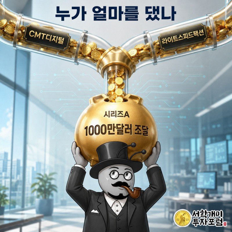 CMT디지털과 라이트스피드팩션의 자금줄이 합쳐져 부자개미가 든 시리즈A 저금통으로 쏟아지는 모습.