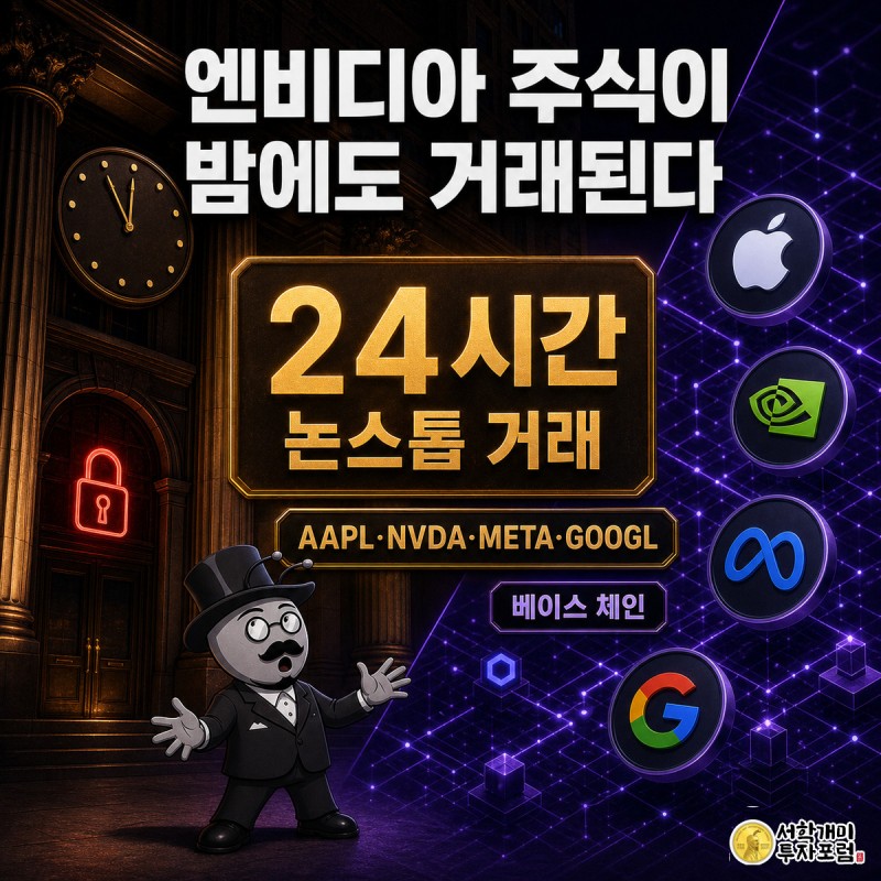 뉴욕증권거래소가 문 닫힌 왼쪽 장면과 보랏빛 블록체인 네트워크가 24시간 켜져 있는 오른쪽 장면 사이에 놀란 개미가 서 있고, 가운데 데이터 위젯에 24시간이라는 숫자가 크게 떠 있다.
