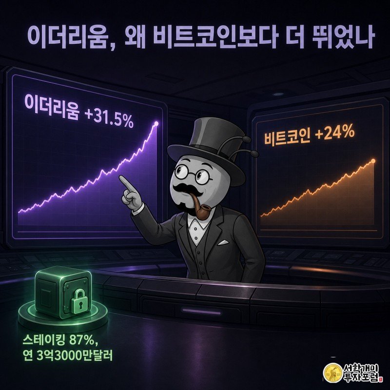 개미 캐릭터가 이더리움과 비트코인의 상승 곡선을 비교하며 더 가파르게 치솟은 이더리움 쪽을 가리키고, 뒤편에는 스테이킹 자물쇠 아이콘이 빛나고 있다