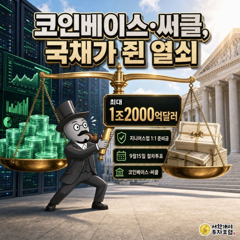 스테이블코인 동전과 미국국채 증서를 저울에 올려 균형을 맞추며 놀란 표정을 짓는 개미와 상단의 굵은 제목 워드아트
