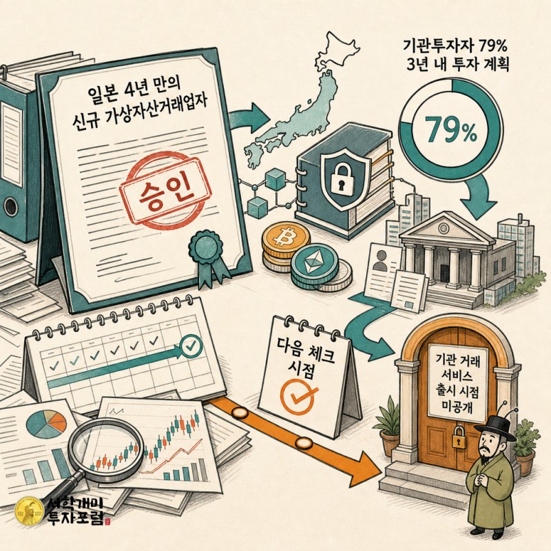 일본 4년 만의 가상자산거래업자 등록 의미와 기관투자자 79% 투자 계획, 다음 확인 지점을 연결한 설명 이미지