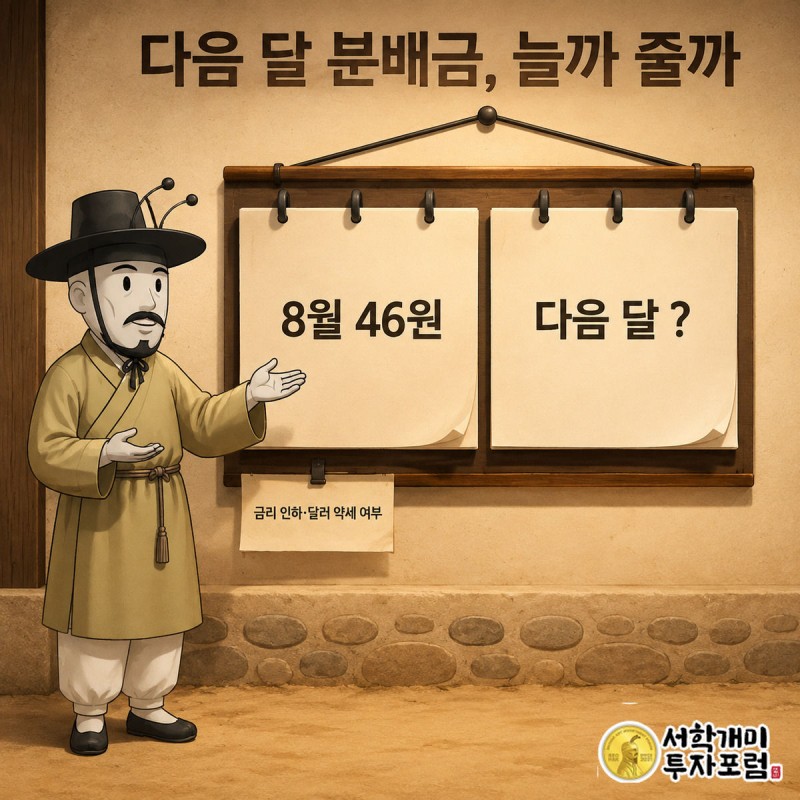 개미가 달력의 다음 달 칸에 붙은 물음표 팻말과 이번 달 46원 팻말을 번갈아 가리키는 모습
