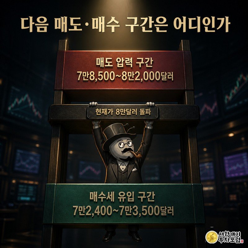 세로 가격 사다리에 붉은 매도구간과 초록 매수구간이 표시되어 있고 개미가 현재가 지점에 매달려 위쪽 매도구간을 불안하게 올려다보고 있다