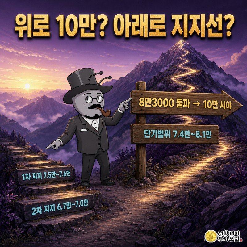 산길 갈림길 이정표 앞에서 개미가 위쪽 돌파 경로와 아래쪽 지지선 경로를 가리키며 고민하는 모습, 각 경로에 비트코인 가격 구간 배지가 붙어 있다