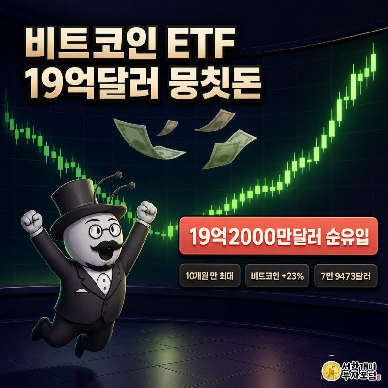 짙은 남보라 트레이딩 스크린 앞에서 급반전 상승 캔들차트를 보며 두 팔을 들고 놀라는 개미 캐릭터, 19억2000만달러 순유입 수치 배지
