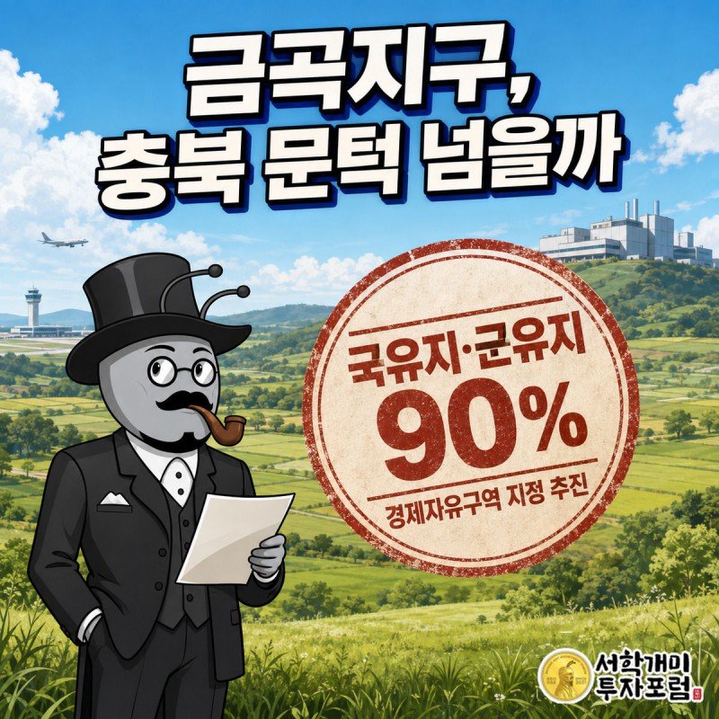 카키그린 들판을 배경으로 부자개미 캐릭터가 서류를 들고 득의양양하게 서 있고, 그 옆에 국유지·군유지 90%라고 적힌 대형 다홍색 관인 도장이 찍혀 있으며 뒤로 반도체 공장과 공항 실루엣이 보인다.