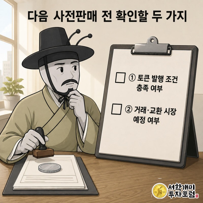 개미가 사전판매 신청서에 도장 찍기 전 두 항목짜리 체크리스트를 확인하는 장면