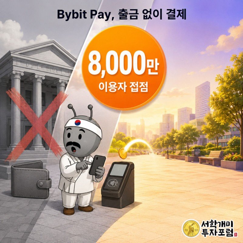서민개미가 은행에 빨간 X가 그려진 옛 출금 경로를 돌아보며 오른손으로 결제 단말기에 폰을 탭해 Bybit Pay로 바로 결제하고, 화면 중앙에 8,000만이라는 주황 배지 숫자가 크게 떠 있다.