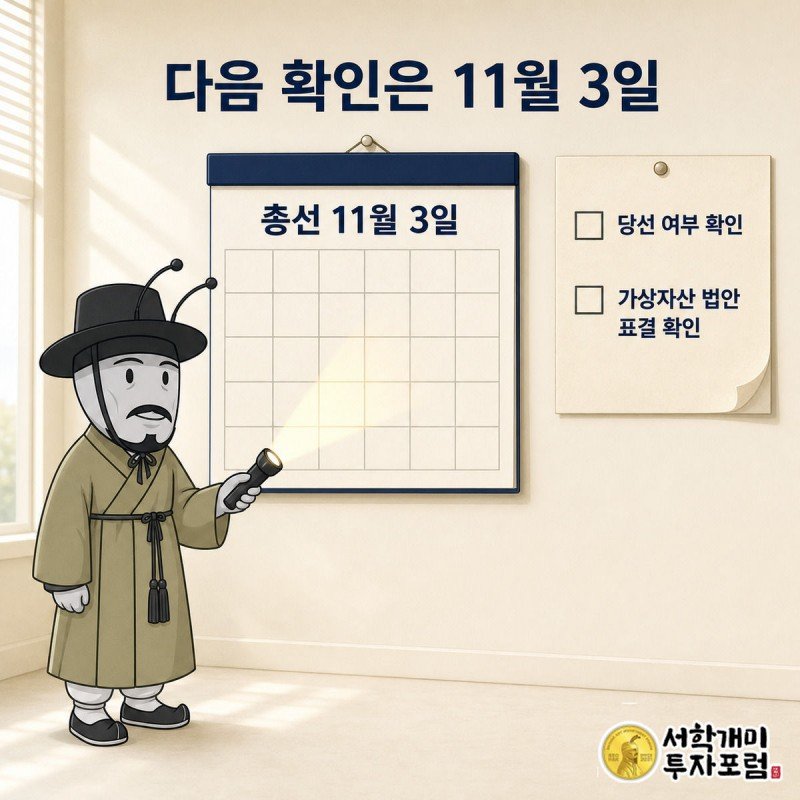 부자개미가 11월 달력의 3일 칸을 손전등으로 비추며 당선 여부와 법안 표결 체크리스트를 확인하는 그림