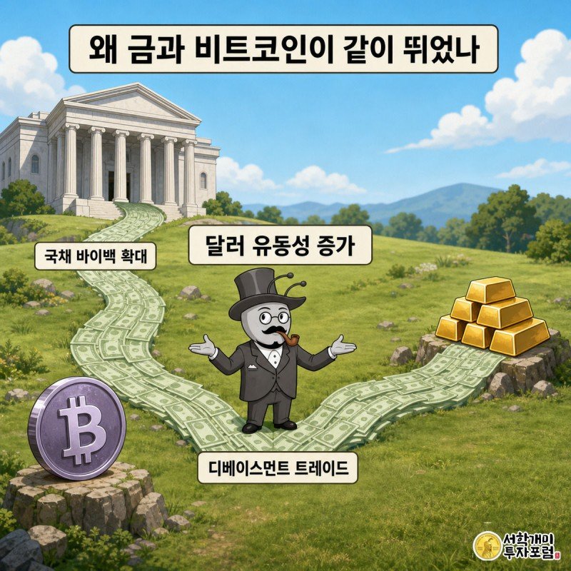 미 재무부 건물에서 달러 강물이 흘러나와 금괴 더미와 비트코인 코인으로 갈라져 흘러가고, 개미가 그 갈림길에서 놀라며 양쪽을 가리키는 모습.