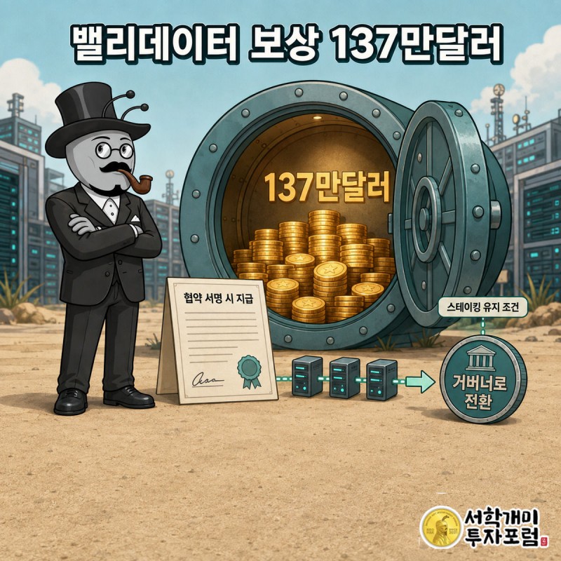 열린 금고에서 137만달러가 쏟아지고 협약서에 서명한 밸리데이터 노드가 거버너 배지를 다는 그림