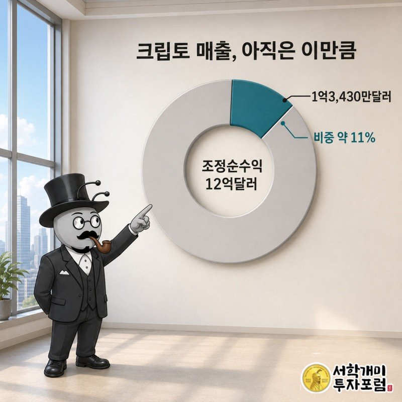 개미 캐릭터가 소파이 전체 조정순수익 도넛 차트에서 크립토 매출이 차지하는 11% 조각을 가리키는 데이터 일러스트