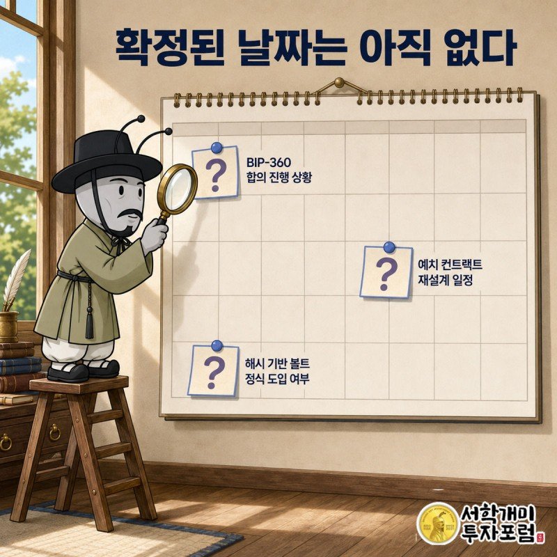 빈칸 많은 달력의 물음표 스티커를 양반개미가 돋보기로 신중하게 들여다보는 모습