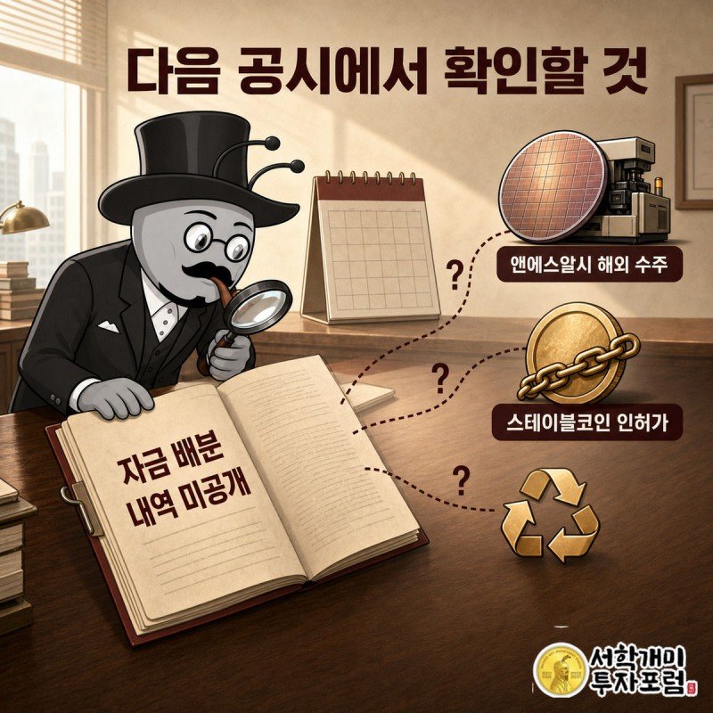 양반개미가 돋보기로 공시 서류를 살피며 반도체·스테이블코인·리사이클링 세 갈래 자금 향방을 확인하는 모습