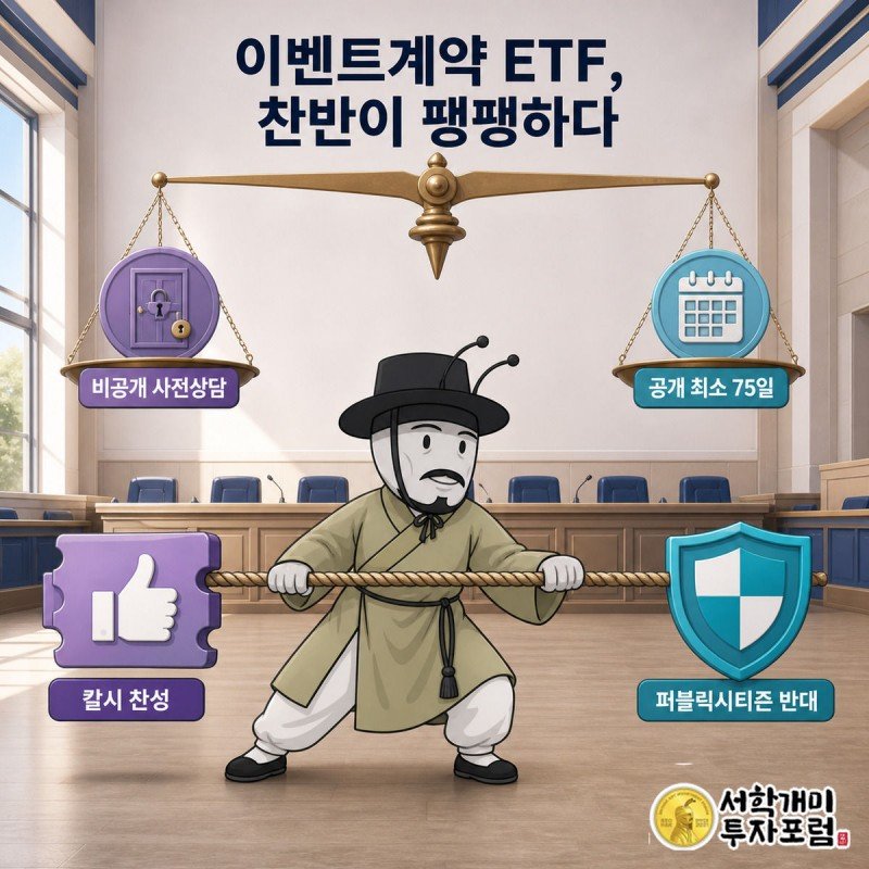 부자개미가 비공개 심사와 공개 요구 저울, 이벤트계약 찬반 줄다리기를 동시에 붙잡고 버티는 그림
