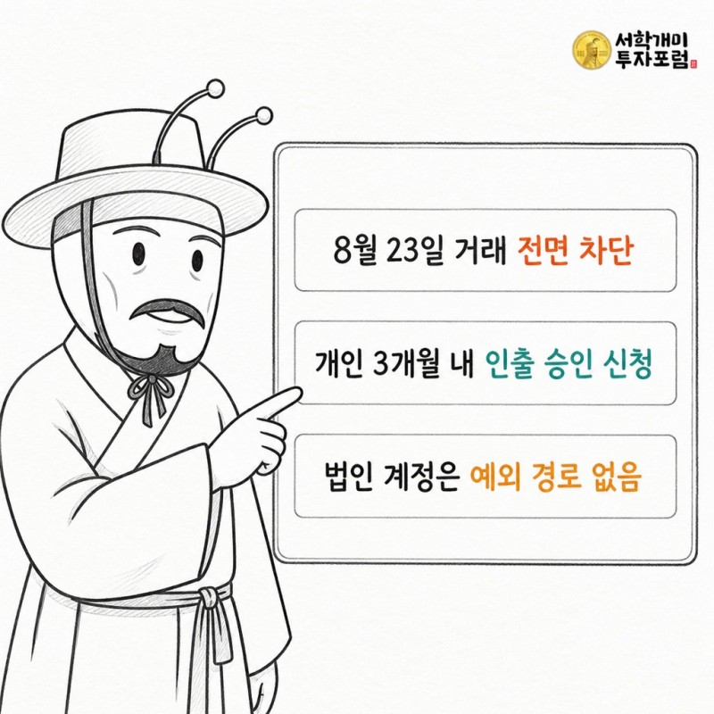 HTX 제재 시행일, 개인 인출 신청 기한, 법인 계정 리스크를 세 구역으로 설명하는 양반개미 기자