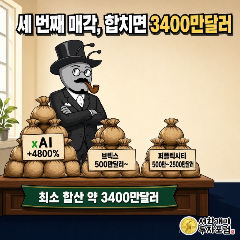 xAI, 브렉스, 퍼플렉시티 세 건의 주식 매각액을 돈자루 크기로 비교하고 합산액을 보여주는 이미지