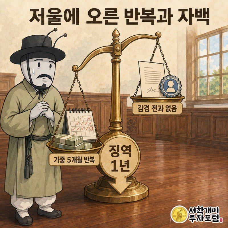 저울 한쪽엔 반복과 이득, 다른 쪽엔 자백과 전과 없음이 올라가고 개미가 초조하게 결과를 기다리는 모습