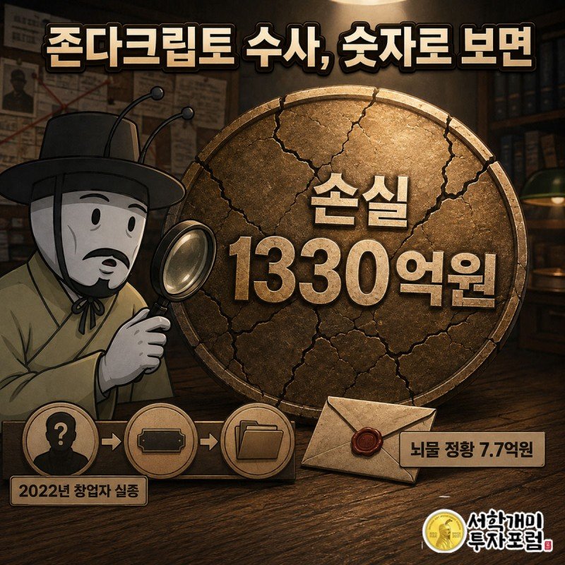 깨진 청동색 코인 위에 손실 1330억원 배지, 옆 봉투에 뇌물 정황 7.7억원 배지가 붙은 타임라인을 부자개미가 돋보기로 살피는 그림
