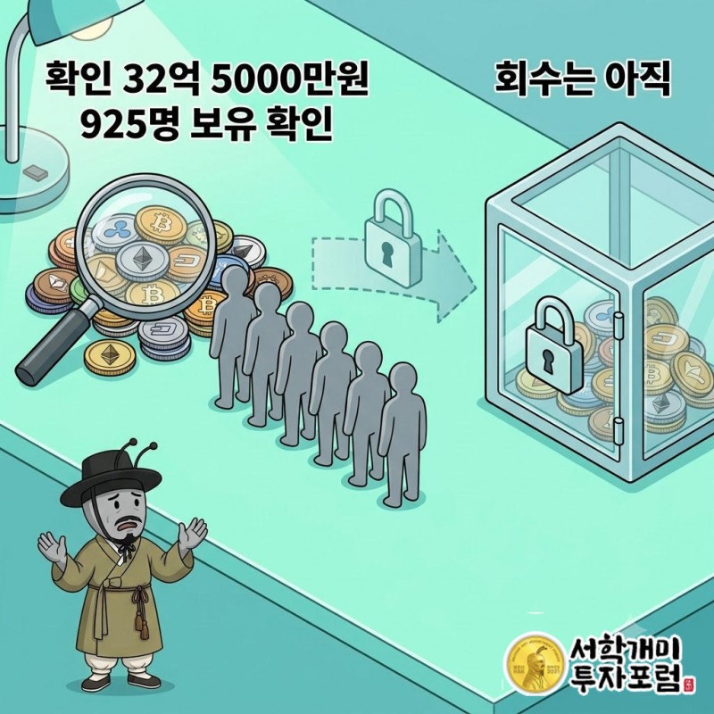 코인 더미와 빈 금고가 저울 양쪽에 놓여 발견한 자산과 회수되지 않은 위험을 비교하는 장면