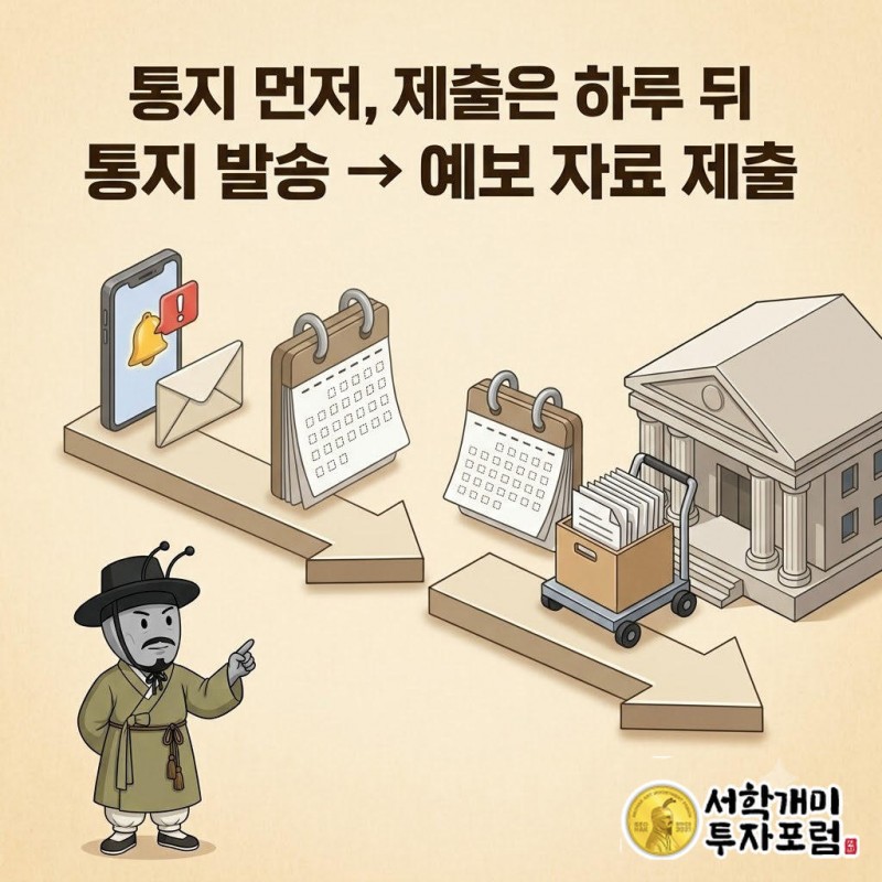 거래소 직원이 조사 대상자에게 통지를 먼저 보내고 다음날 예보에 자료를 제출하는 순서를 보여주는 달력 장면