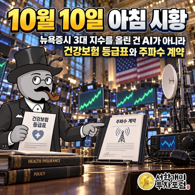 AI 대신 건강보험 등급표·주파수 계약·러시아산 디젤이 뉴욕증시 3대 지수를 끌어올린 2026년 10월 9일 장면