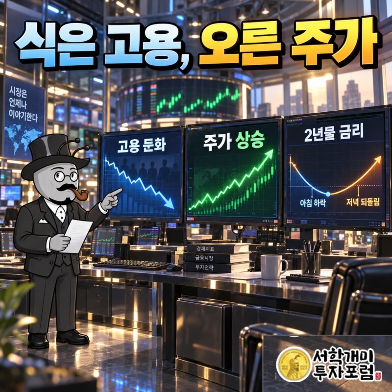 식은 고용표 앞에서 주가는 오르고, 2년물 금리는 아침의 하락을 저녁에 되돌렸다