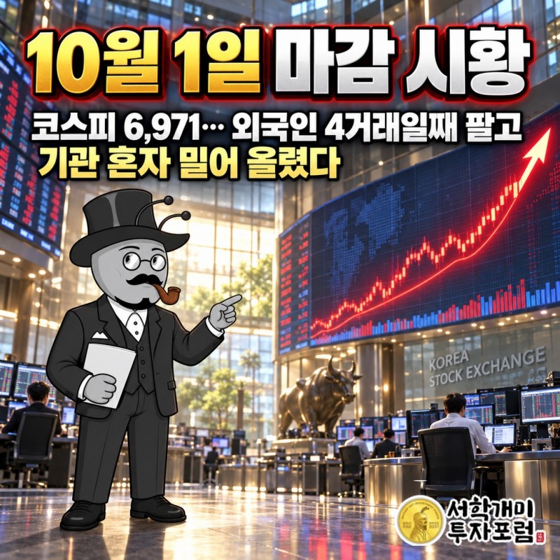 외국인이 4거래일째 코스피를 판 날 기관 매수로 1.95% 오른 코스피와 반도체 장비주가 끌어올린 코스닥 4.48% 상승을 나란히 보여 주는 마감 시황 표지