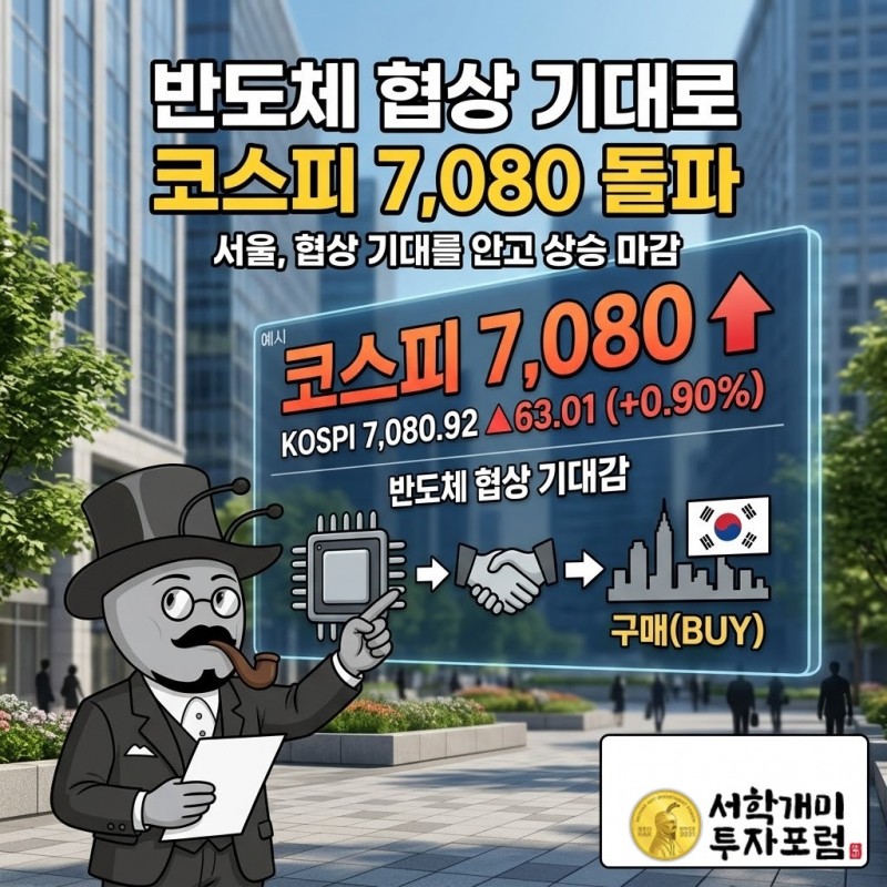 코스피 7,080, 서울은 반도체와 협상 기대를 사고 문을 닫았습니다