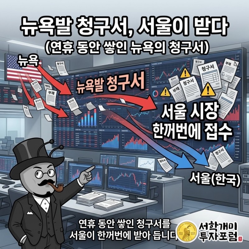 연휴 동안 쌓인 뉴욕의 청구서를 서울이 한꺼번에 받아 듭니다