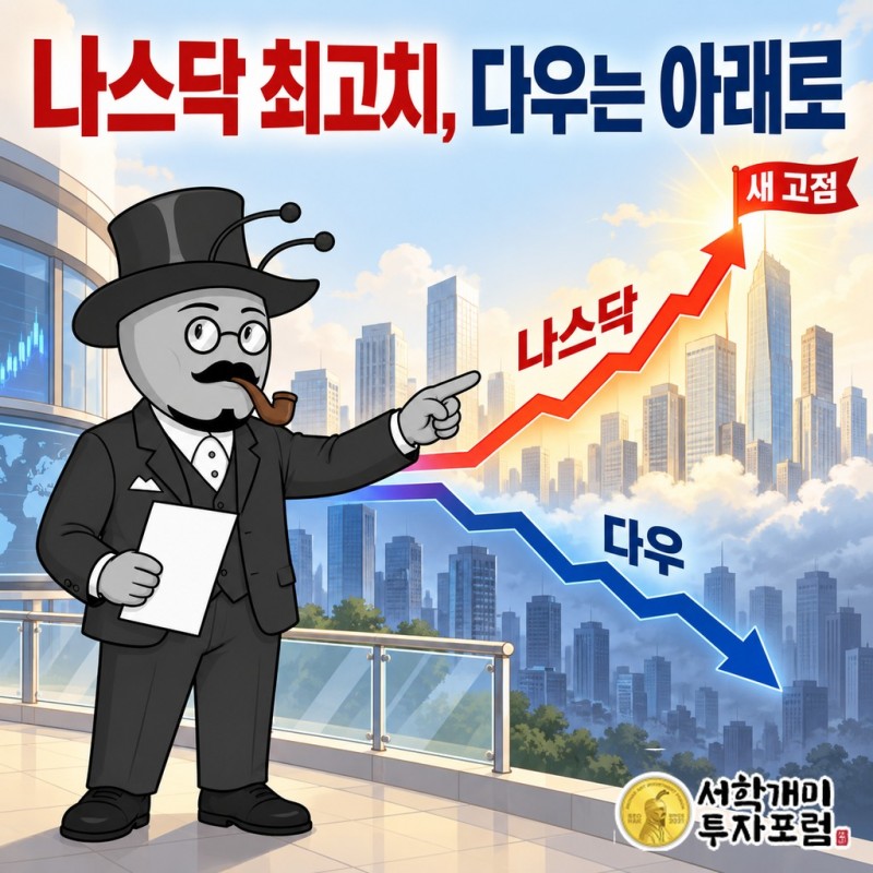 나스닥은 새 고점으로, 다우는 아래로 향했습니다