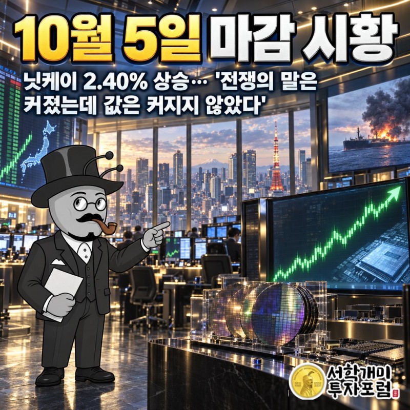 탱커가 불탄 주말 뒤 반도체로 오른 닛케이·대만 가권과 90달러 아래로 내려온 WTI를 그린 10월 5일 마감 시황 표지
