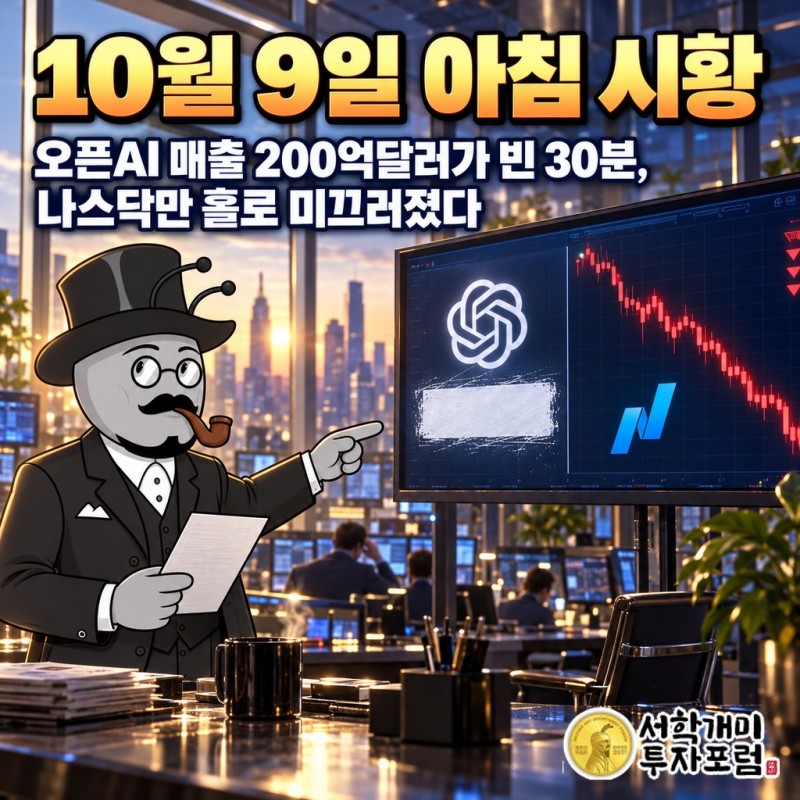 오픈AI 매출 정정 보도에 나스닥만 홀로 미끄러지고 다우는 버틴 2026년 10월 8일 뉴욕 증시