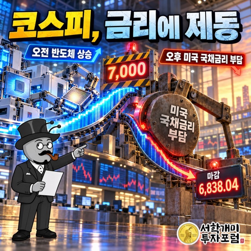 7,000 턱밑까지 간 코스피, 오후에 미국 국채금리에 붙잡히다