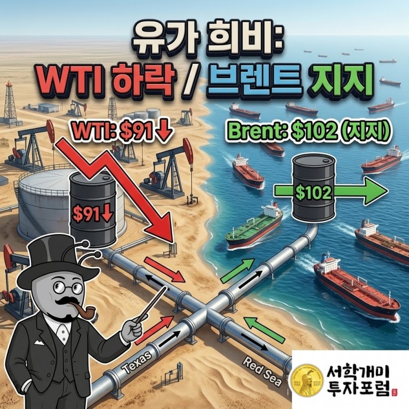 WTI는 91달러로 내려왔고, 브렌트는 홍해 앞에서 102달러를 지켰다