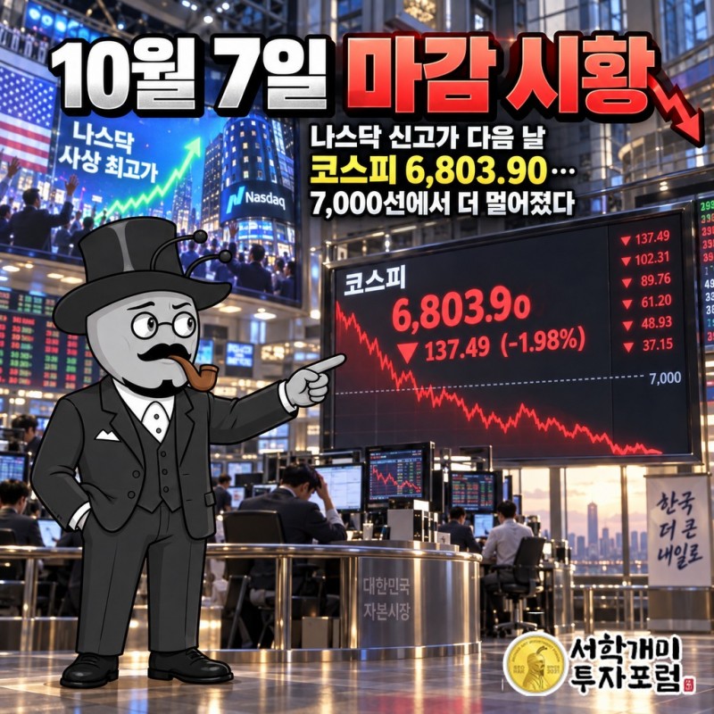 뉴욕은 AI 전력과 연결 칩 계약으로 신고가, 서울 코스피는 6,800선으로 밀린 10월 7일 마감 시황