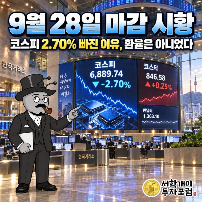 추석 연휴 뒤 첫 거래일, 코스피는 7,000선 아래로 밀리고 코스닥은 소폭 오른 서울 증시 마감 장면