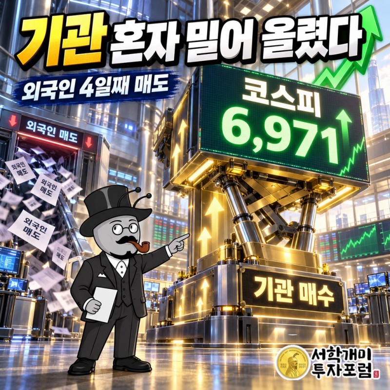 외국인이 4일째 판 자리에서 기관 혼자 코스피를 6,971로 밀어 올렸다