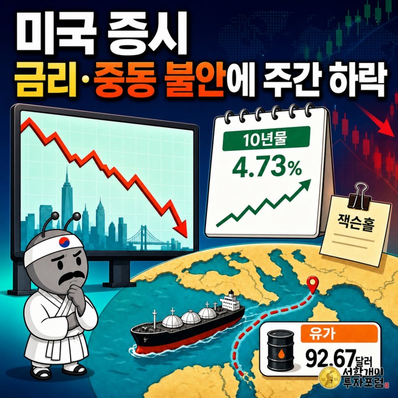 미국 증시가 금리와 중동 긴장 때문에 주간 하락으로 끝났다는 점을 보여 주는 커버 이미지
