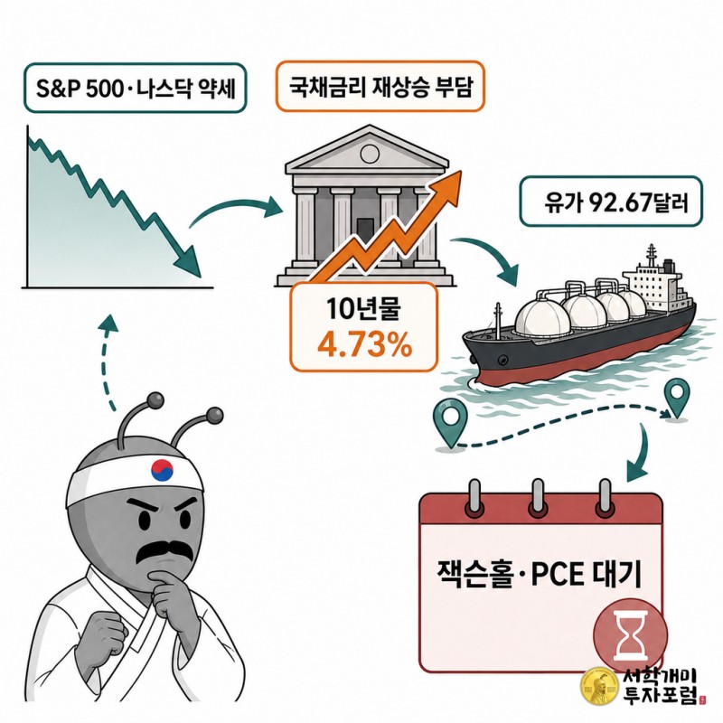 국채금리와 유가 상승, 잭슨홀 경계가 미국 증시에 미친 영향을 설명하는 본문 이미지
