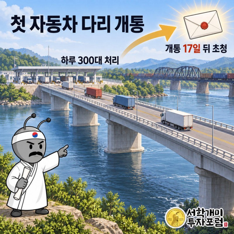 이달 7일 두만강에 러북 첫 자동차 다리가 개통됐다. 약 1km, 2차로, 국경시설 하루 300대 처리