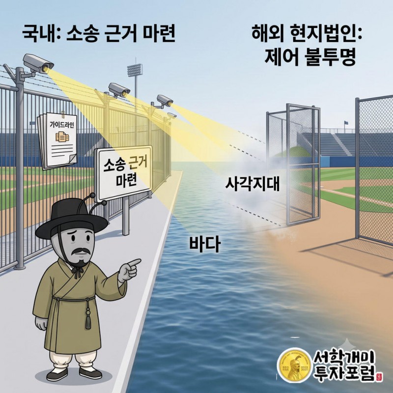 울타리와 감시 카메라가 있는 국내 구장과 문이 열린 바다 건너 구장 사이 다리 위에서, 양반개미가 감시 시야가 끊긴 사각지대를 걱정스럽게 바라본다.