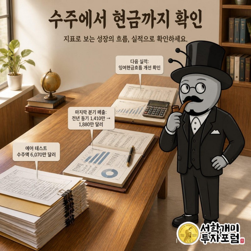 개미가 에어 테스트의 수주액과 분기 매출 기록을 따라 시선을 옮기며 다음 실적의 잉여현금흐름 개선 여부를 살핀다.