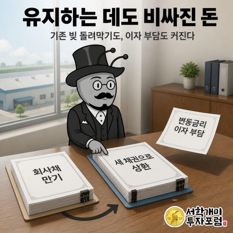 만기가 돌아오는 회사채를 새 채권으로 갚는 경우 사업 규모를 유지하는 자금에도 달라진 금리가 붙는다.