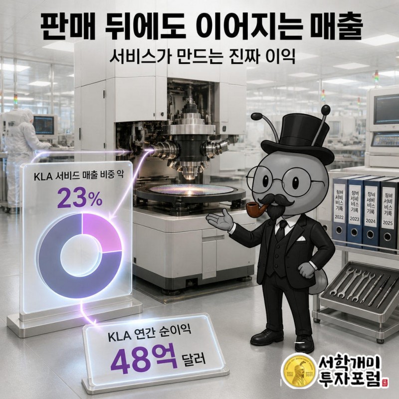 개미가 KLA 검사 장비에서 서비스 기록과 매출 집계로 이어지는 동선을 안내하고 서비스 비중과 연간 순이익을 보여준다.
