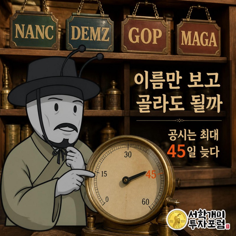 정치ETF 진열대에 NANC·DEMZ·GOP·MAGA 네 개의 간판이 걸려 있다