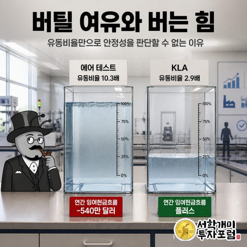 개미가 에어 테스트와 KLA의 유동비율 표식이 붙은 물탱크 앞에서 현금이 빠져나가는 방향과 남는 방향을 비교한다.